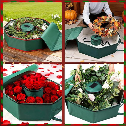 Wreath Storage Christmas Garlands Bag with Interior Pockets Large Xmas Container Box for Holiday Decorations Case with Dual Zipper and Handles Window Labeling Card Slot 24" Green