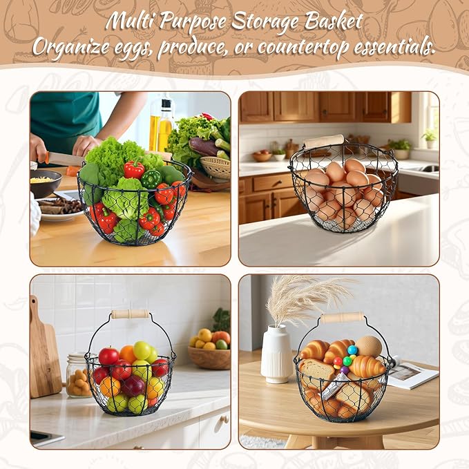 Egg Basket With Handle,Wire Egg Basket for Gathering Fresh Eggs, Round Egg Collecting Basket for Farm,Vintage Style Chicken and Duck Eggs Basket Egg Countertop Storage Container Holder 