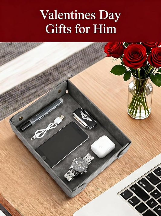 CASIRENA Father's Day Gifts Faux Leather Valet Tray Organizer for Men - Catch-All Tray for Entryway Table Key, Wallet, Watch, Coin Change, Phone, Dresser EDC Dump Jewelry, Bedside Nightstand Desk-top