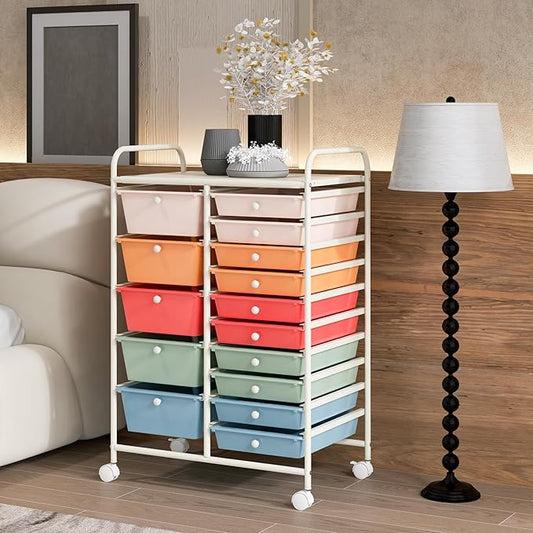 KOTEK 15-Drawer Rolling Storage Cart, Multipurpose Mobile Utility Cart with 4 Wheels, Home Office School Tools Scrapbook Paper Organizer (Multicolor-Combo3)