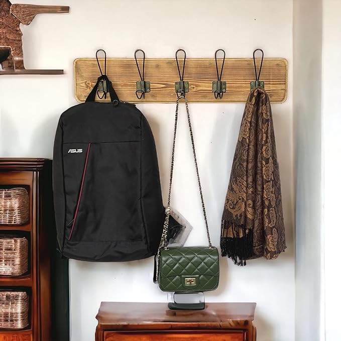 Coat Rack Wall Mount – 24” Reclaimed Burnt Pine Wood with 5 Hooks, Rustic Wooden Wall Mounted Organizer with Wall Hooks for Hanging, Farmhouse Entryway, Hallway, Bathroom, or Bedroom