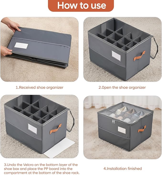 Chewlish Shoe Organizer for Closet, Foldable Shoe Box Storage Containers with Clear Cover, Smooth Zipper, Reinforced Handles and Bottom Support, Space Saving Shoes Holder, Gray (2, Small)