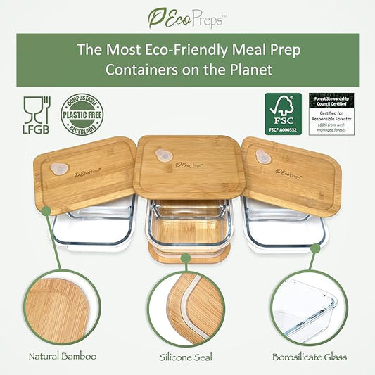 EcoPreps Glass Meal Prep Containers with Bamboo Lids, 2 Compartment Glass Bento Box Container Set (3 Pack) | 100% Plastic Free, Eco-Friendly, Lunch Containers with Lids Made of Bamboo - Set of 3