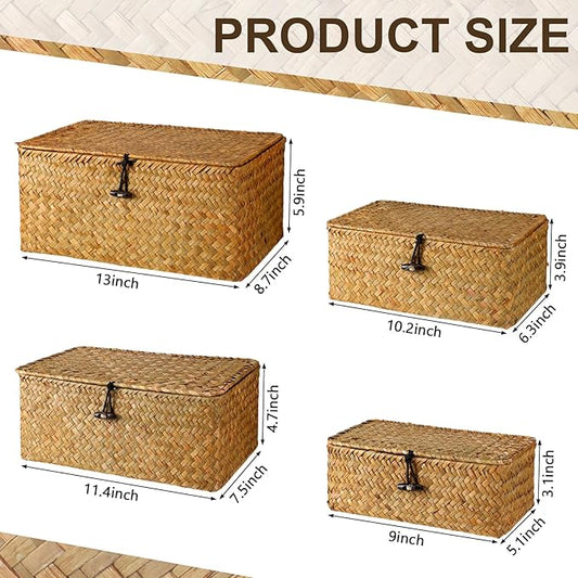 Woanger Set of 4 Wicker Storage Baskets Organizer,Handwoven Storage Bins with Lid for Organizing, Home Utility Box for Home Office Supplies Multipurpose Container(Orange)
