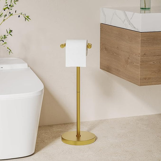Toilet Paper Holder Stand, Modern Bathroom Free Standing Toilet Paper Roll Holder, Post Pivoting Toilet Paper Stand with Stainless Steel Tissue Rack, Rust-Proof & Heavy Stable Base(Brushed Gold)