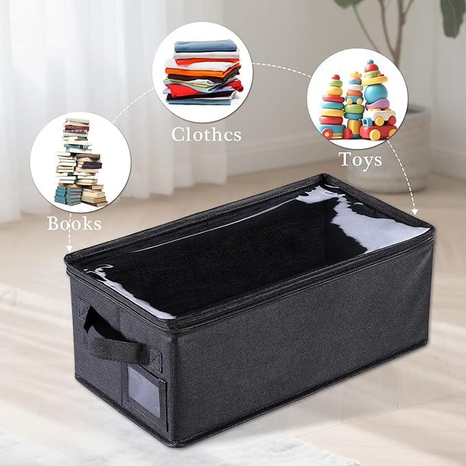 CCidea DVD Storage Box with Clear Window - 15.75" Foldable Media Organizer, Premium Zipper Closure, Holds 27+ DVDs, Dustproof Non-woven Fabric, Reinforced Handles & Label Slot (Black) (2)