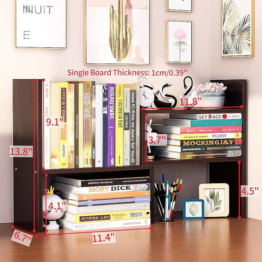 Desktop Shelf Organizer, Adjustable Wood Office Storage Rack, Counter Display Small Bookshelf for Home/Office/School(Dark Walnut)
