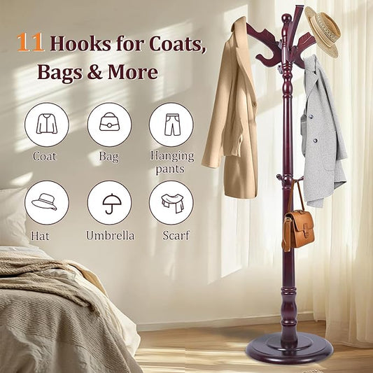 73" Wooden Coat Rack Freestanding, Coat Rack Stand With 18 Hooks And Round Solid Wood Base,Adjustable Height, Easy To Assemble For Entrance Hallway Office Living Room Bedroom (Flying Swallow)