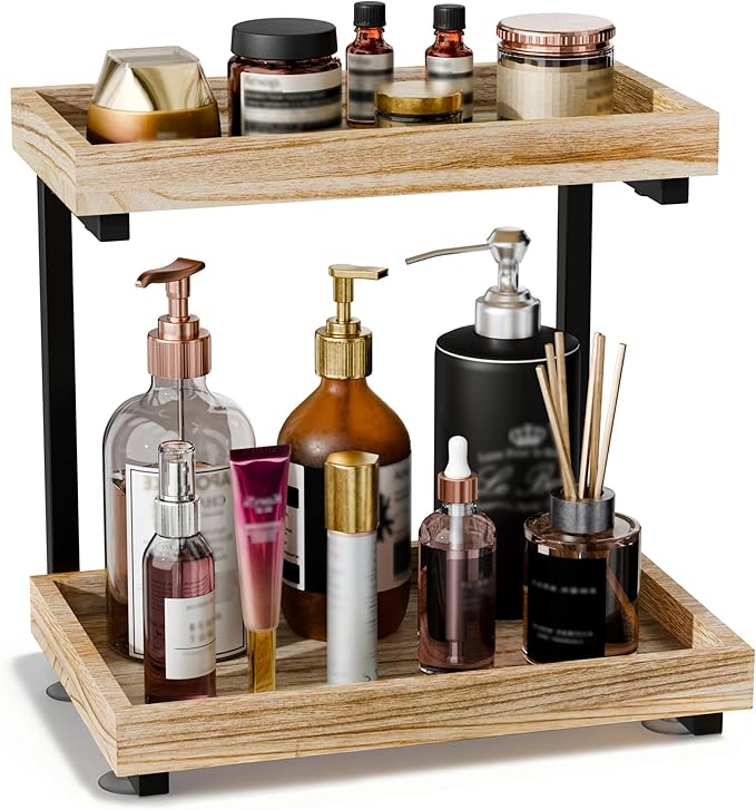 2-Tier Bathroom Counter Organizer with Suction Cups - Non-Slip Vanity Countertop Organizers for Makeup, Perfume & Skincare, Wooden Counter Storage Shelf for Bathroom, Sink, Kitchen