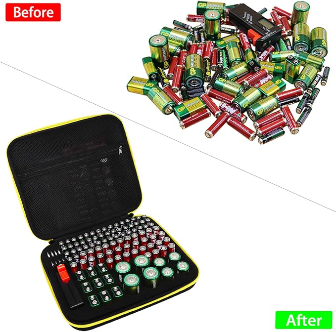 Battery Organizer Case- Hard Storage Box Bag Holder - Holds 106+ Batteries AA AAA C D 9V Tester BT-168 (Batteries are Not Included)