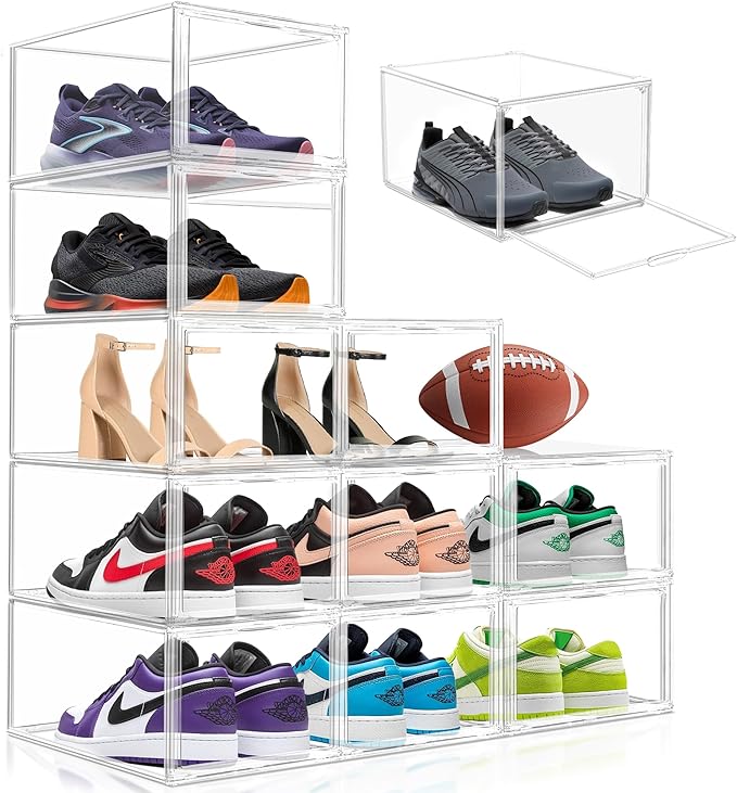 EZJOB 1 Pack Drop Front Shoe Boxes Acrylic Box Sneaker Case Size 12, Transparent Display Cases for Sneaker Collections, Baseball Caps, Hat Organizer Dust-free Shoe Cubbies Stackable Sneaker Boxes