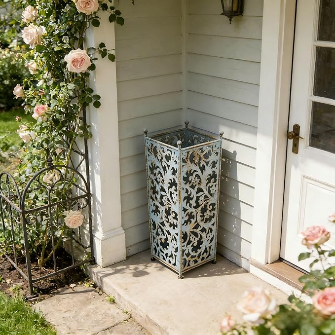 Vintage Blue Umbrella Holder for Entryway,Distressed Blue Iron Umbrella Stand with Hollow Out Vine Pattern,Removable Drip Tray,20.08"H×8.07"W×6.89"D Umbrella Organizer for Doorway Patio.