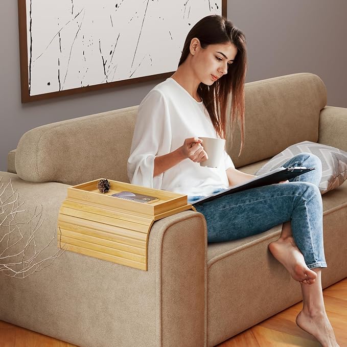 Bamboo Sofa Armrest Tray Table for Couch - 2-in-1 Couch Arm Table with Be Slide Detachable Tray- Anti-Slip Foldable Sofa Armchair Caddy for Drinks Cellphone TV Remote Snacks (Bamboo)