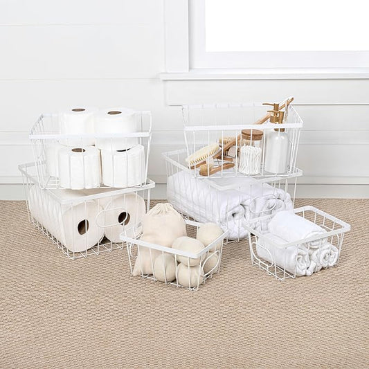 happimess BSK3001B-6SET Camden Vintage Industrial Wire Metal Nesting Storage Baskets, for Shelves, Cabinets, Pantry, Countertop, Mesh Open Bin Basket for Organizing Supplies, White (Set of 6)