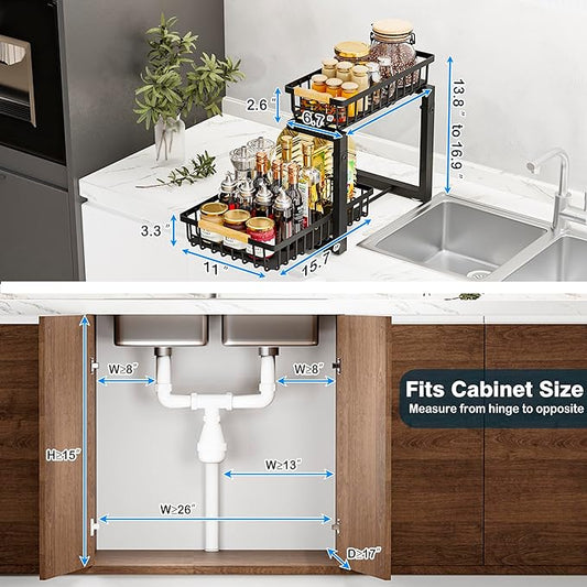 Under Sink Organizers, 2 Tier Pull Out Under Cabinet Organizer,Height Adjustable Pull Out Cabinet Drawers, Metal Sliding Drawer for Kitchen Bathroom Pantry Cabinet Closet Organization Rack,1 Pack