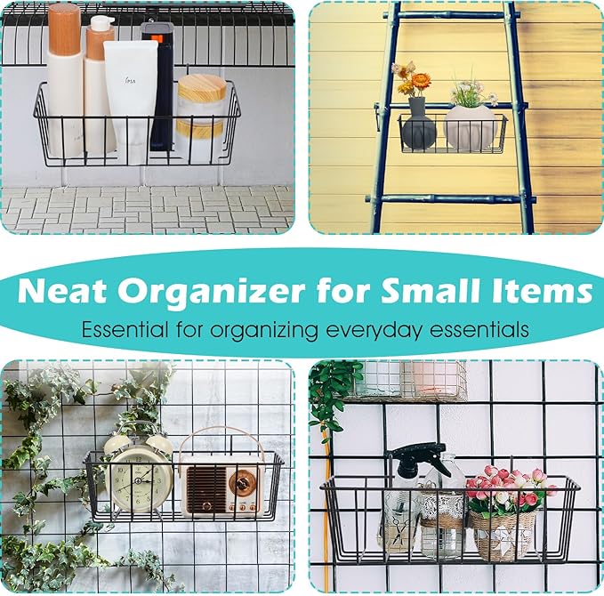 10 PCS Hanging Wire Baskets for Organizing - Hanging Metal Basket Storage with Wall Grid Panel, Rust-Resistant Iron for Kitchen Bathroom Home Decor (Black, 9x3.9x3 Inches)