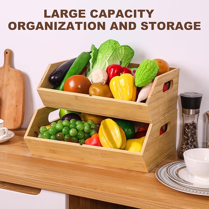 2 Set Bamboo Storage Bins, Pantry Organizers and Storage, Kitchen Countertop Organization and Storage Basket for Produce, Onions, Potatoes, Garlic, Fruits, Vegetable and Bread