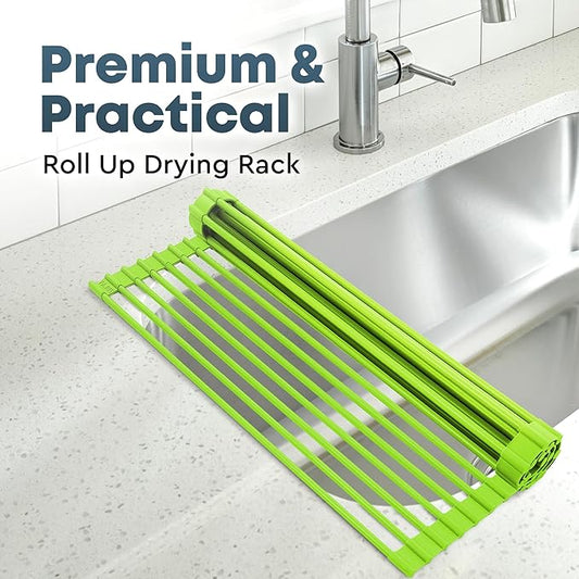 Zulay Kitchen Large Roll Up Dish Drying Rack - Heavy Duty Silicone Wrapped Steel Rods Over Sink Dish Drying Rack - Versatile Roll Up Sink Drying Rack & Trivet - Green,20.5 inches x 13 inches