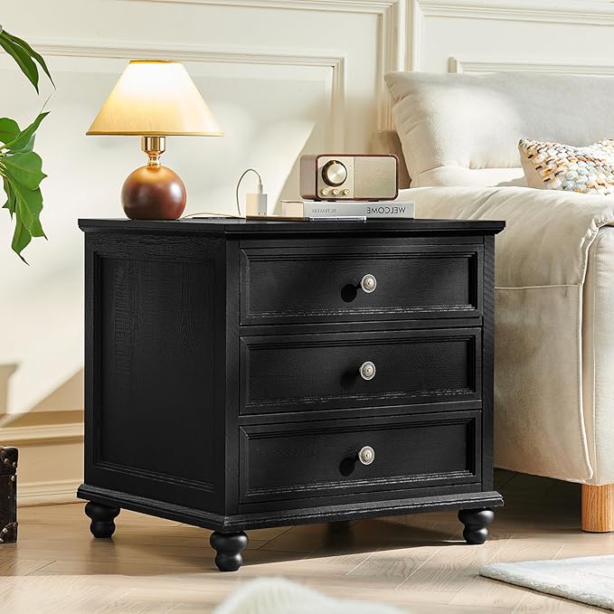 Joaxswe Farmhouse Nightstand Set of 2 with Charging Station, 24" Wide End Table with 3 Drawers,Dresser for Bedroom,Bed Side Table Chest of Drawers Cabinet,Wood Black Night Stand for Living Room