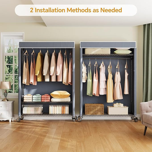 H4 Plus Rolling Clothes Rack with Cover, Heavy Duty Garment Rack, Wardrobe Closet with Wheels, Portable Closets for Hanging Clothes, Closet Organizer Storage, Black Rack with Grey Cover