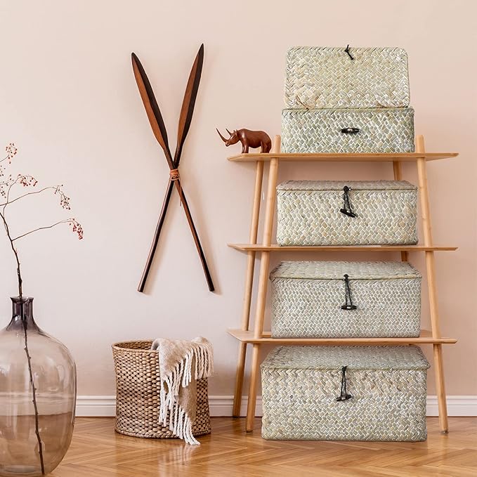 Woanger Set of 4 Wicker Storage Baskets Organizer,Handwoven Storage Bins with Lid for Organizing, Home Utility Box for Home Office Supplies Multipurpose Container(White)
