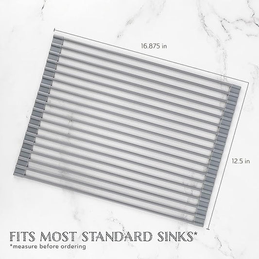 Oizeir Roll Up Dish Drying Rack - Silicone Coated Stainless Steel, Over The Sink, Foldable, Heat-Resistant, Anti-Slip, Dish Drainer. (17" x 12.5")