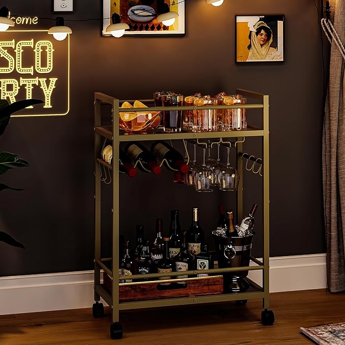 Home Bar Serving Cart, Bar Cart with 2 Mirrored Shelves, MicrowaveCart, Rolling Beverage Cart, Mobile KitchenCart with Wine Rack, Drink Cart for Dinning Room, Living Room, Kitchen, Gold