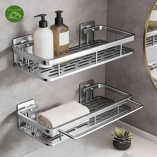 EVALAND Shower Caddy Adhesive 2-Pack with Hooks and Rod for Towels, Silver – Premium Bathroom Shower Shelves, Shampoo Organizer, Bathtub Shelf, Rustproof, Easy Installation, Sturdy Modern Look