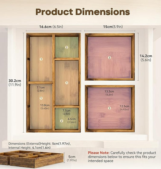 KOCWELL Bamboo Desk Drawer Organizer with Removable Dividers,Multi-Use Office Drawer Organizer Tray,Junk Drawer Organizers for Office,School,Kitchen,Makeup Supply(Carbon Brown)
