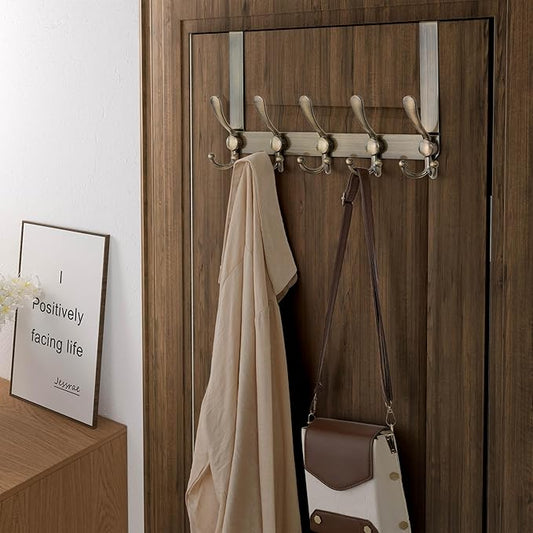 Dseap Over Door Hook 2.0 - Upgraded Version - Simple-Assembly, Strong, Heavy-Duty Stainless Steel 5-Tri-Hook Over The Door Hanger Rack, SimpleStrong Series, Bronze