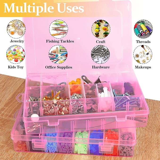 2 Pack 24 Grids Pink Plastic Organizer Box, Storage Container with Adjustable Divider, Craft Organizers and Storage Bead Storage Organizer Box for DIY Jewelry Tackles with 2 Sheets Label Stickers
