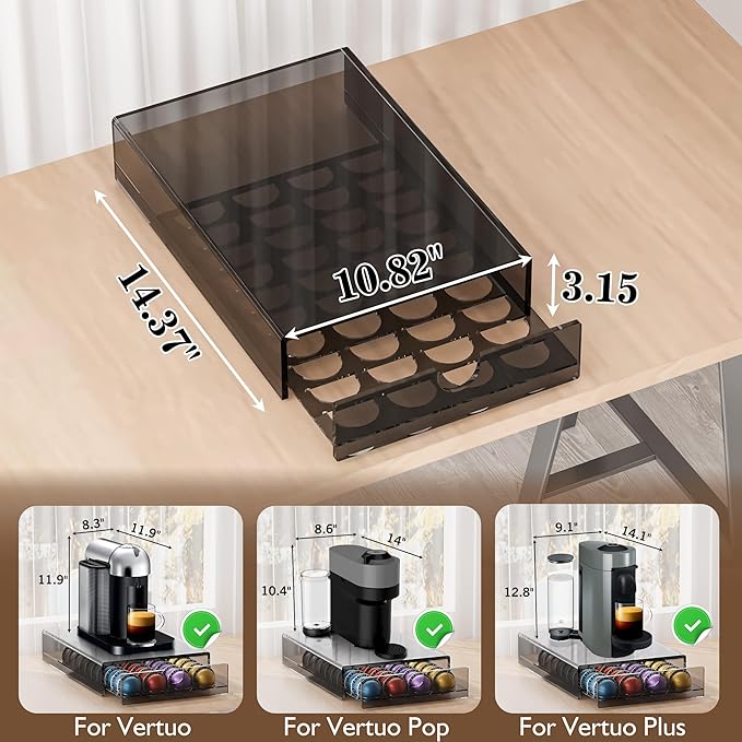 BXINREDA Acrylic Coffee Pod Organizer for Nespresso Vertuo Pod Holder 40 Pods transparent black Vertuo Pod Storage Drawer (1 Tier)