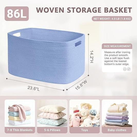 86L Large Baby Girls Laundry Basket for Nursery Storage,Cute Woven cotton Rope Baskets for Kids Toy,Gifts, Boho Square Wicker Blanket hamper for Living Room,Bedroom Dirty Clothes,Blue Purple