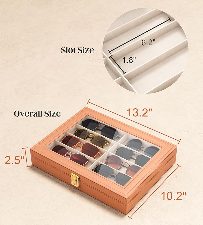 sensok Sunglasses Organizer Storage Box - 10 Slots Eyeglass Display Case for Multiple Pair Glasses, Sunglass Holder with Clear Glass Lid, Jewelry and Watch Collection Box for Women and Men, Brown