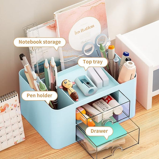 Marbrasse Pen Organizer with 2 Drawer, Multi-Functional Pencil Holder for Desk, Desk Organizers and Accessories with 5 Compartments + Drawer for Office Art Supplies (Blue)