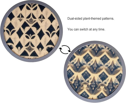 Absorbent Coasters for Drinks with Holder - 6packs, Silicone Coaster with Soft Felt Insert (4.3 inch Coasters with 4.5 inch Holder, Dual-Sided Ears of Wheat Artistry)