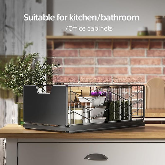 NETEL 2 Pack Pull Out Cabinet Organizer, No Drill Slide Out Drawers for Kitchen Cabinets, Peel and Stick Pull Out Drawers, Kitchen Cabinet Organizer,Black,11.8" W X 20.86" D X 6.9" H