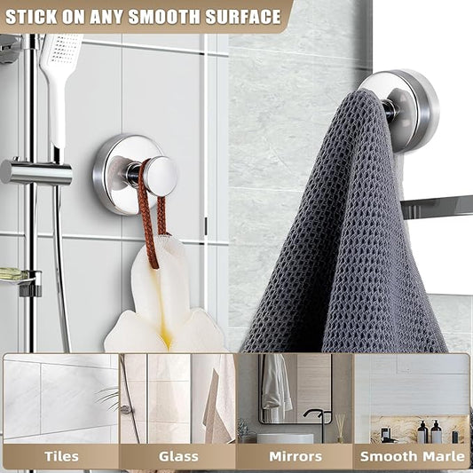 Fenas Suction Cup Hooks for Shower No-Drill Bathroom Hooks for Towels, Robes, Loofah Mountable on Bathroom Walls, Kitchen, Glass, Mirrors, Tile and Smooth,Non-Porous Surfaces (2, Chrome Polished)