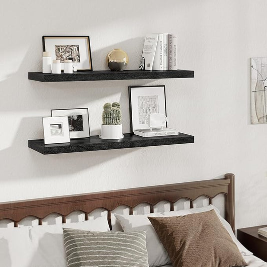 Fun Memories 12 Deep Floating Shelves, 40W x 12D Floating Shelves for Wall Set of 2, Extra Deeper Hanging Wood Shelves for Wall for Living Room Kitchen Laundry Room Kitchen Home Office - Black