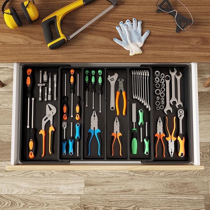 Lifewit Utensil Organizer for Kitchen Drawers, Expandable Cooking Utensil Tray, Adjustable Cutlery Silverware Flatware Holder, Plastic Spatula Tools and Gadgets Storage Divider, Black, 18"-30" x 18.5"