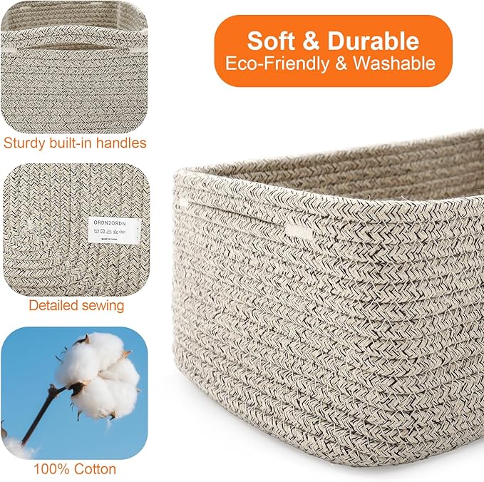 Small Storage Baskets for Organizing, Woven Storage Bins for Shelves, Gift Basket Empty, Cute Decorative Closet Organizer, Baby Rope Basket, Dog Toy Storage, 12.6x8.2x5”, 3Packs Mixed Brown