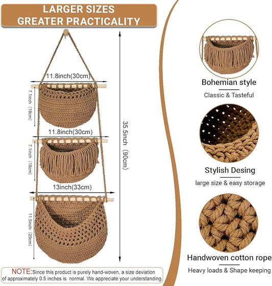 3 Tier Hanging Fruit Baskets for Kitchen, Boho Cotton Rope Handwoven Vegetable Hammock Produce Storage Wall Mounted Large Organizing Basket for Farmhouse Decor, Over The Door, Onion, Potato (Caramel)