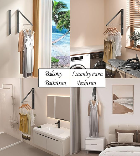 Dr.DJ Clothes Drying Rack Wall Mounted, Retractable & Foldable Clothes Hanger for Laundry Room Organization and Storage, Clothes Hanger Rack for Dorm, Closet, Balcony, Laundry Room(1P, Metal, Black)