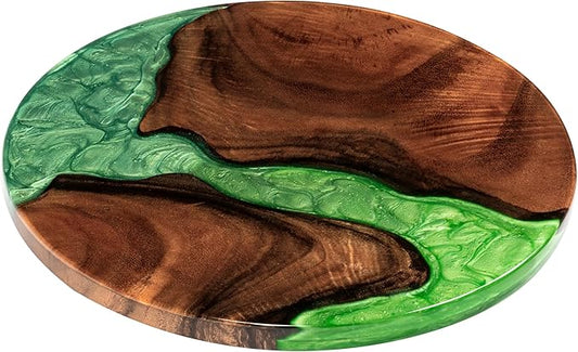 Handmade 16" Wood and Epoxy Resin Lazy Susan, Turntable for Kitchen Countertop, Rotating Display Stand, Round Wooden Platter, Organizer and Storage for Dining Table, Home Decor (Lime Green)
