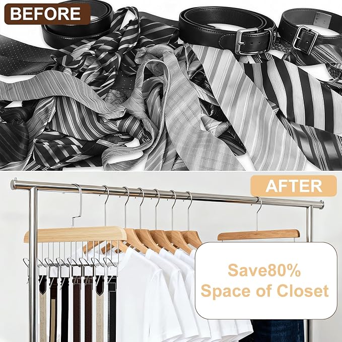 2 Pack Belt Hanger for Closet, Wooden Tie Racks Hanger with Upgraded 360°Rotating, Space-Saving Belt Holders with 8 Hooks, Closet Storage for Tie,Tank Top,Bra, Scarf,Hat