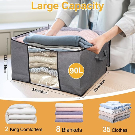 90L Large Blanket Storage Bags, 8 Pack Clothes Storage Bag Comforter Storage Bin with Reinforced Handle and Lid Foldable Closet Organizer and Storage Containers for Bedding Sheets and Duvet