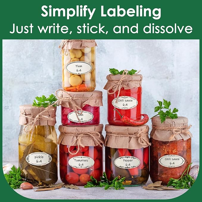 DGBDPACK 200 Dissolvable Canning Labels for Mason Jars, 1 x 2⅛ inch Food Labels, Tiny Canning Jar Stickers Removable with Water