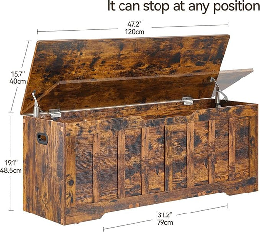 47.2"Storage chest extra large,storage trunk with 2 safety Hinges,Wooden storage bench,Shoe Bench,47.2x15.7x19.1 Inch,Easy Assembly,storage bench for bedroom,living room,entryway,Rustic brown