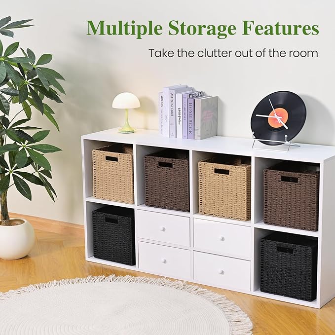 Woven Wicker Storage Baskets 2-Pack, 11x11 Handwoven Paper Rope Organizer Bins, Foldable Cube Storage Cubes with Built-in Handles for Shelves and Closet Organization(Dark Brown)