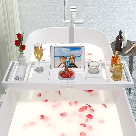 Artmalle Bathtub Caddy Tray - Expandable and Foldable Bath Tray for Tub, Luxury Bamboo Bath Caddy Tub Table, Bathtub Accessories with Book Holder and Free Soap Dish, White